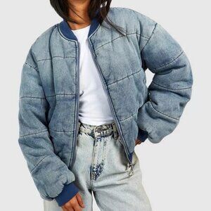 Faded Padded Oversized Denim Bomber Jacket (Size 10)